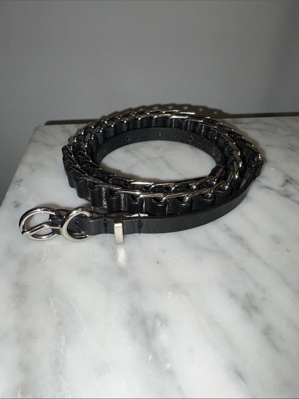 Skinny Black Leather Ladder Weave Chainlink Curb Belt Helmut Lang Diesel Biker